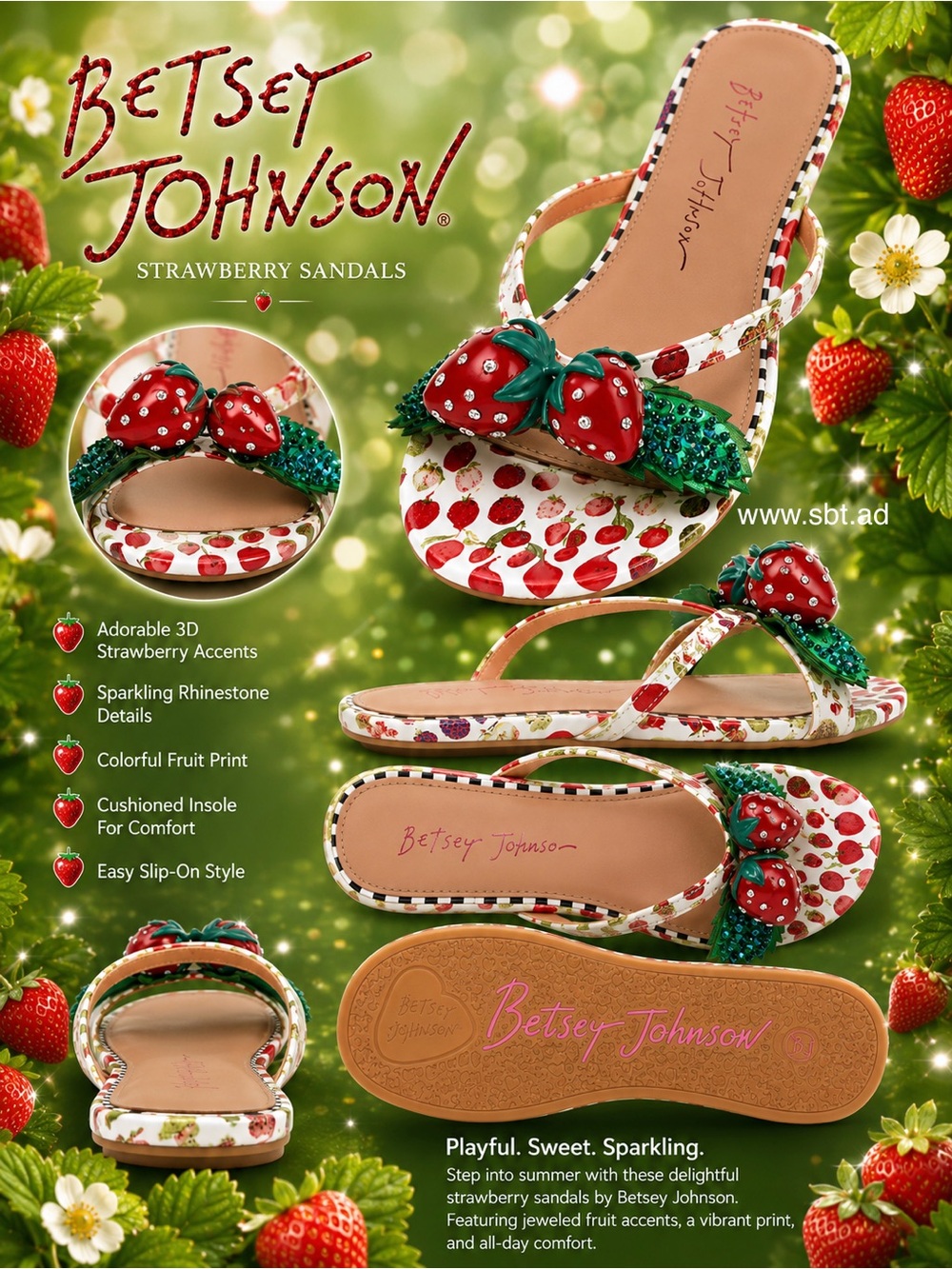 NEW Betsey Johnson Strawberry Sandals Crystal Rhinestone Slides Shoes +Gift - Picture 2 of 4